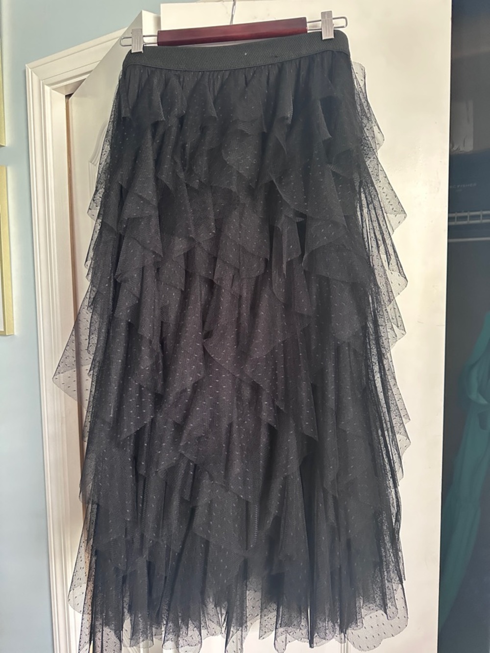 Anthropologie Black Layered Tulle Ruffle Midi Skirt